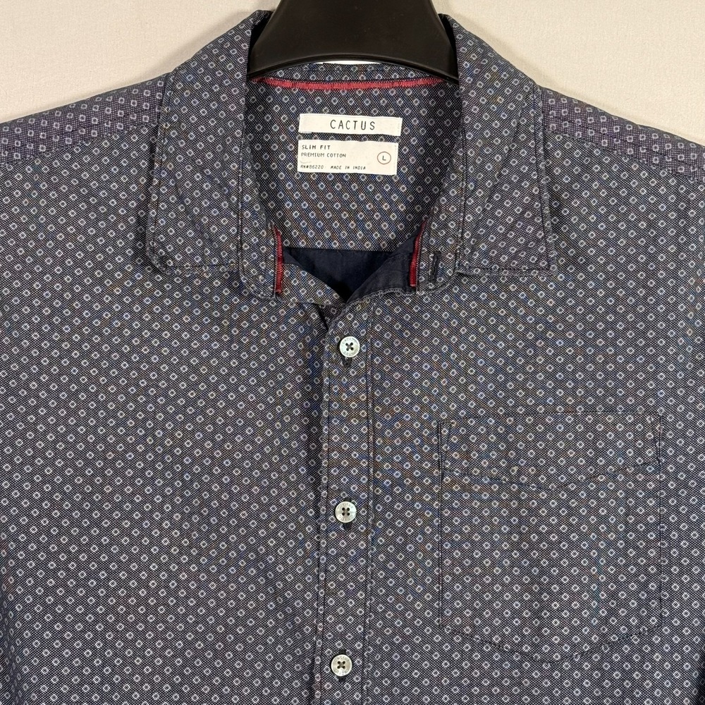 Cactus Man Cotton Slim‎ Fit Long Sleeve Blue Geometric Shirt Men's Large Cooling
